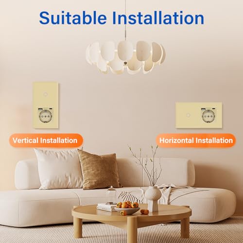 BSEED Touch Lichtschalter mit USB Steckdose Anschluss (Max. 2.1A) Typ C Port 1 Fach 2 Wege Wandschalter mit USB Steckdose Unterputz Lichtschalter mit Glasrahmen Golden (Nicht Smart Schalter)