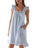 Flygo Nightgowns for Women Cotton Ruffle Sleepwear House Dresses Striped Sleeveless Night Gown Sleep Dress with Pockets(Blue-L)