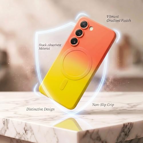 Image of amazon basics Gradient Mag-Safe Case for Samsung Galaxy S23 5G | Soft Silicone Shockproof Cover with Camera Protection | Slim Lightweight Design | Smooth Touch & Durable - Orange & Yellow