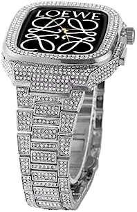 Luxury Diamond Stainless Steel Watch Strap，For Apple Watch 8 7 SE 6 5 4 45mm 44mm Series Band，Diamond-encrusted case metal integrated watch case+Watchband image 5