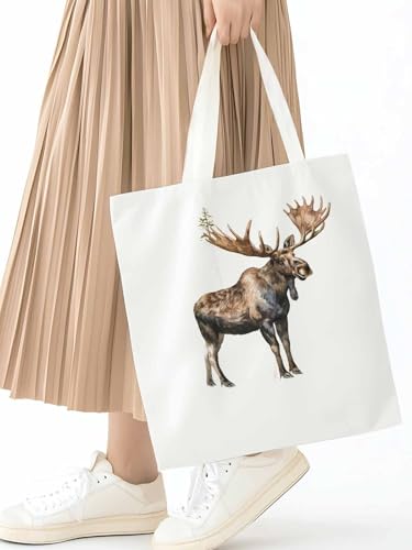 Canvas Tote Bag, Grey Vintage Moose Aesthetic Canvas Tote Handbags for Women Shoulder Bag, Retro Animals Elk2