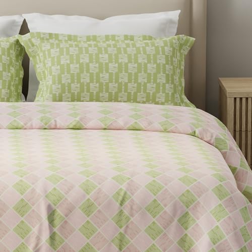Image of Layers 100% Cotton for Double Size Bed | 120 TC Geometric, Soft, Breathable, Machine Washable Bedsheet with 2 Pillow Covers | Forever Collection (224 x 254 cm) - Pink & Green