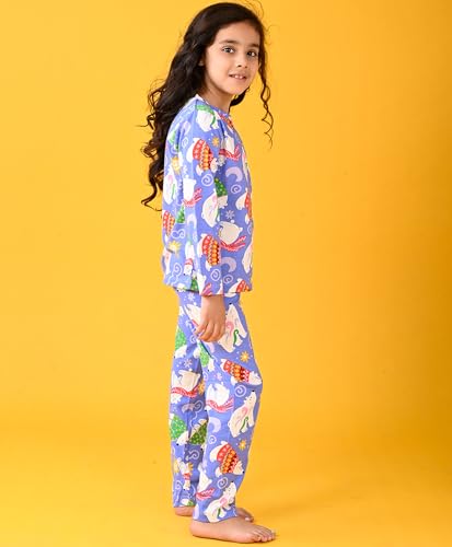 Image of ANTHRILO Summer Pyjama Set for Girls | 100% Cotton, Skin Friendly Fabric | Pyjama Set for Girls | Casual Wear | Polar Bear Girls Long Sleeve Pyjama Set - Blue 10-12 Years