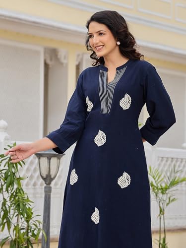 Image of INDO ERA Women's's Pure Cotton Embroidered Kurta Women | Floral Neck & Hem Embroidery | Cotton Kurta Women |