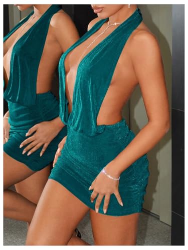 Image of SweatyRocks Women's Backless Halter Dress Low Cut Sleeveless Bodycon Mini Dresses Rave Clubwear Dark Green Medium