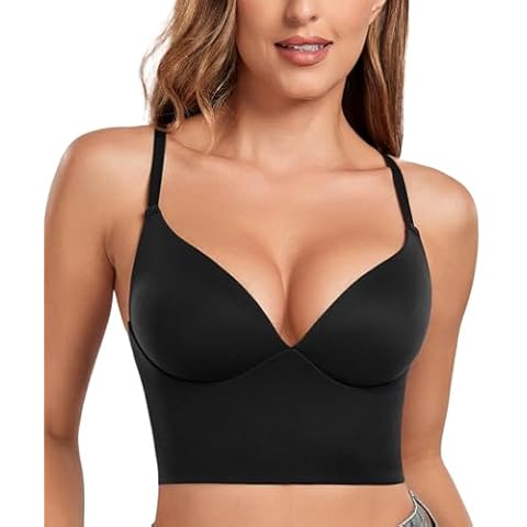 Lemorosy Women's Push Up Deep Plunge V Neck Lightly Padded Bra Wireless Everyday Crop Top (38DD,Black) Cover