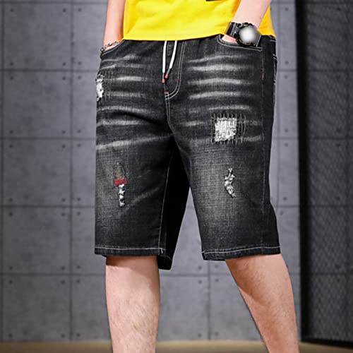 Men's Casual Ripped Denim Shorts Drawstring Elastic Waist Short Jeans Moto Distressed Jean Short With Hole (Black,Xx-Large) #TOP3