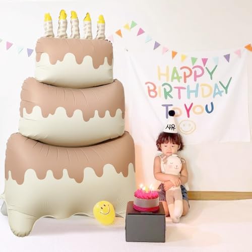Image of Happy Birthday Cake Foil Standing Balloons 60 Inch,Giant Three-Tier Matte Caramel Cream Large Happy Birthday Mylar Balloon for Girls Women Boys Kids Baby Shower Birthday Party Decorations Supplies