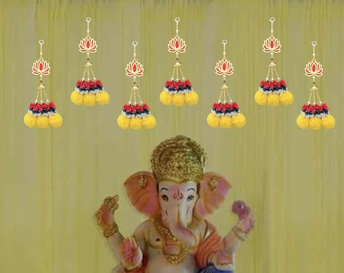 Image of Rajasthan Kraft Handmade Pack of 5 Marigold Hanging with Beads Gajra Bell Bowl Artificial Flower Door & Wall Decor for Makar Sankranti, Lohri, Wedding & Festive Home Decoration 15 x 3 Inch (RK-H150-5)