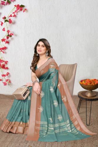 Image of MIRCHI FASHION Women Saree Cotton Blend 2-Tone Foil Print | Lightweight Comfortable Office Wear Sari with Blouse Piece