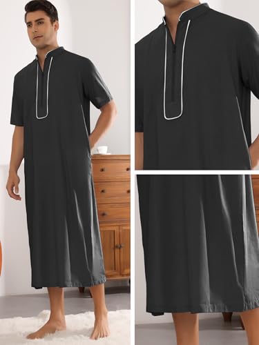 Lars Amadeus Long Nightgown for Men's Loose Fit Short Sleeves Stand Collar Zipper Nightshirts3
