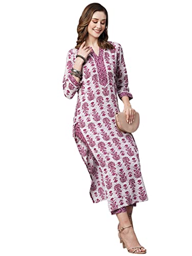 Image of GoSriKi Women's Cotton Blend Printed Straight Kurta with Pant (Navya Pink-GS)
