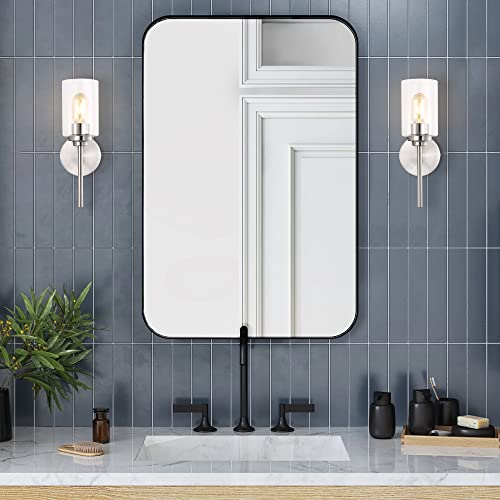 Image of JONATHAN Y 13 inch Nickel /Clear Industrial Farmhouse LED Wall Sconce, with Clear Glass Cylinder Shade, 1-Light Iron Vanity Light for Bathroom Mirror Hallway Bedroom (JYL9547C)