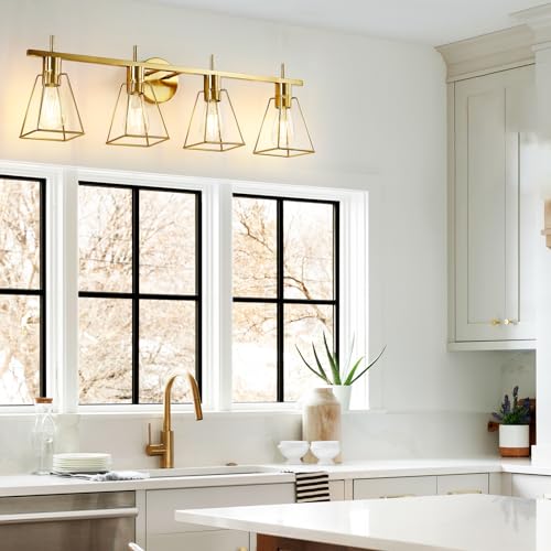 Image of Industrial Bathroom Vanity Lights: 4-Lights Gold Brushed Brass Vintage Metal Cage Wall Lamps - Rustic Farmhouse Light Fixture Over Mirrors Cabinet for Painting Hallway