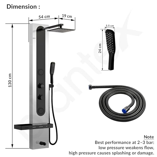 Image of Plantex Shower Panel for Bathroom /Hand Shower & Massage Spray Jet for Bathroom /304 Grade Stainless Steel Modern Shower System with Head Shower - Pack of 1 (Chrome & Black, 8097)