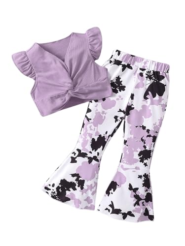 Image of Floerns Girl's 2 Piece Outfit Twist Front V Neck Tee Shirt Flare Leg Pants Set