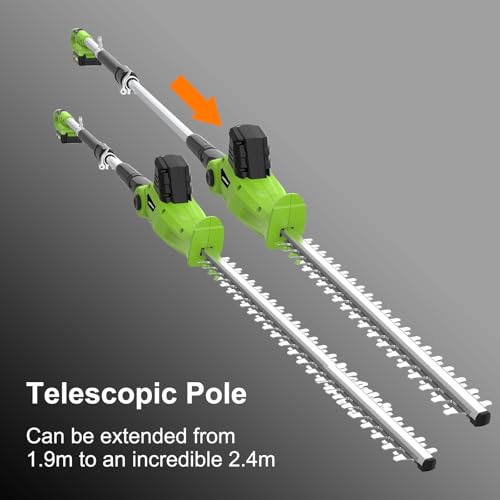 FOONNUN 20V Cordless Pole Hedge Trimmer, 2 * 2.0Ah Li-ion Battery & Charger, Dual Action Blades, Telescopic Cutter for Hedges, 110° Adjustable Head, Long Reach 2.4m Extension Pole with Shoulder Strap - Image 8