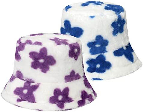 FEOYA Womens Winter Bucket Hat Warm Faux Fur Fisherman Cap with Wide Brim Soft Fleecy Bucket Hat for Spring Fall Winter Two Pieces