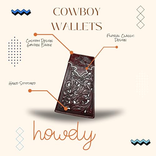 Urbalabs Mens Coat Of Arms Of Mexico Western Leather Long Wallet Floral Cutout Golden Eagle Snake Layered Checkbook Style Mens Wallets Leather Bull Rider Rodeo Gifts For Men (Coffee & White)4