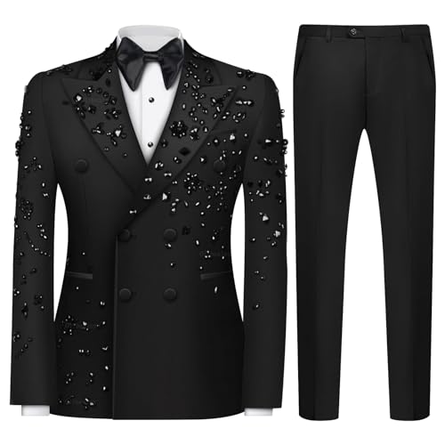 Mens 2 Piece Double Breasted Business Suit Slim Fit Tuxedo Blazer and Pants for Wedding Homecoming Party Jacket & Trousers Black