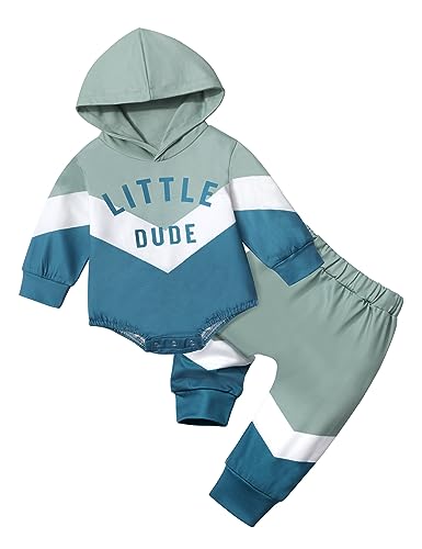 Image of AGAPENG Baby Boy Clothes Color Block Oversized Hoodie Sweatshirt Onesie Romper Long Pants Sweatsuit Fall Winter Outfits Set