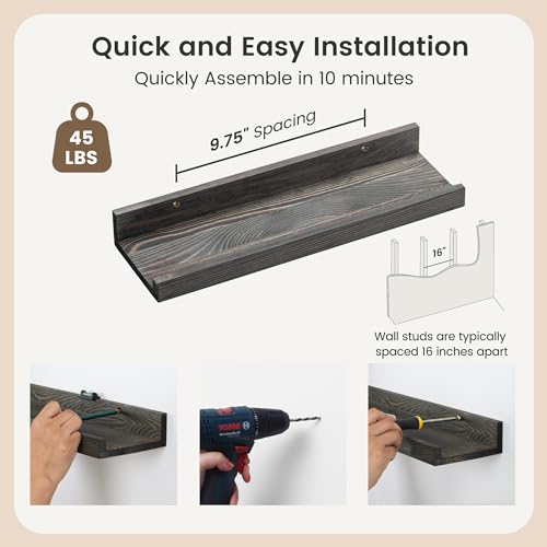 FLYJOE Picture Ledge Wall Shelves 16 inch Width Set of 2, Solid Pine Wood Rustic Floating Ledge Shelves for Wall for Kids\' Room Bedroom Kitchen Bathroom Living Room Nursery Display Wall Decor, Grey