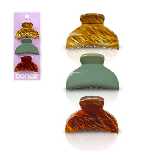 Conair® Luxe Assorted Claw Clips 3PK, No-Slip Grip® Hair Clips for Women, Cute Hair Clips for Extra Hold, For All Hair Types & Textures, Strong Conair Claw Clips, Mixed Solid & Tortoise Print