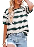 Dokotoo Boho Tops for Women Short Sleeve T Shirts Casual Loose Fit Plus Size Tees Basic Tshirts Holiday Vacation Outfits Cute Summer Tops Color Block Striped Fashion T-Shirts Blouse Green XX-Large