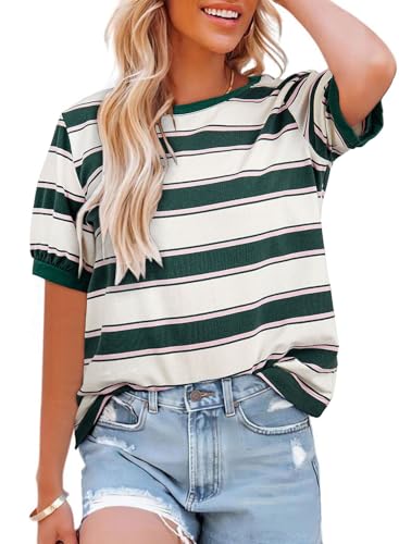 Dokotoo Boho Tops for Women Short Sleeve T Shirts Casual Loose Fit Plus Size Tees Basic Tshirts Holiday Vacation Outfits Cute Summer Tops Color Block Striped Fashion T-Shirts Blouse Green XX-Large