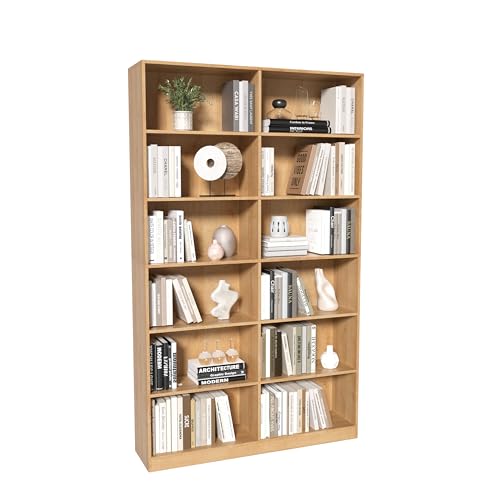 NewBeth 78" inch Tall 6-Tier Double Wide Bookshelf,Large Freestanding Bookshelf for Home Office and Professional Workspace,Living Room,Bedroom and Dining Room,Oak (6-Tier,12 Cube)