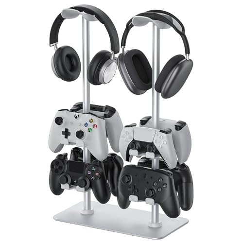 MANMUVIMO Headset Controller Stand for 2 Headset and 8 Controller, Headphone Stand Gaming Controller Holder for PS5 Xbox Airpods Beats Bose, Gaming Room Accessories, Gamer Gifts for Men (White)