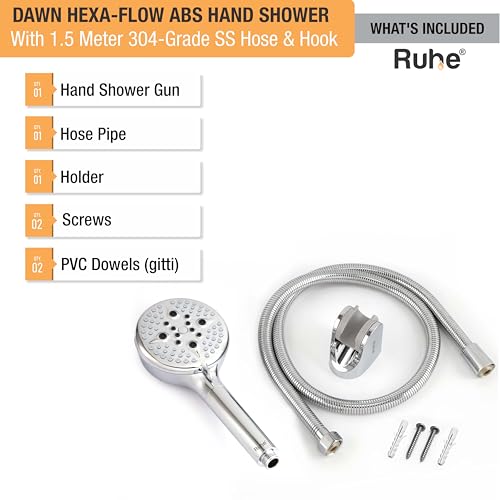Image of Ruhe Dawn Multi-Functional Hexa-Flow Modes ABS Hand Shower | Hard Water Softner Filtered Handheld Shower with 1.5 Meter 304-Grade Stainless Steel Hose & Hook