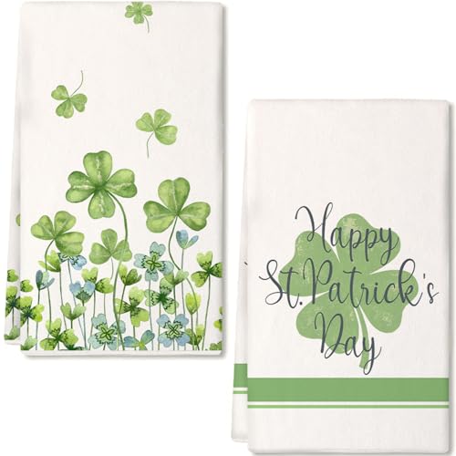 ARKENY St Patricks Day Green Stripe Kitchen Towels Dish Towels St. Patrick's Day Decorations for Home Décor Ultra Absorbent Bar Drying Cloth 18x26 Inch Hand Towel for Cooking Set of 2