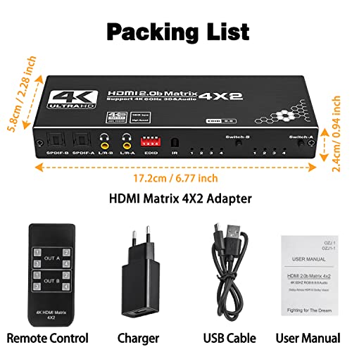 Tendak HDMI Matrix 4x2-4K@60Hz 4 In 2 Out HDMI 2.0 Switch Matrix Splitter Umschalter + Optisch SPDIF & 3,5mm Stereo Audio Extractor Unterstützt HDCP 2.2 EDID HDR 3D mit IR-Fernbedienung