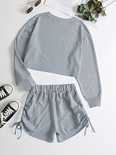 Meikulo Girls Crop Tops Long Sleeve Fashion Crewneck Sweatshirts Pullover Cute Shirts And Short Sets 2 Piece Outfits Sweatsuit Set Kids Clothes Grey, 5-6 Years #TOP1
