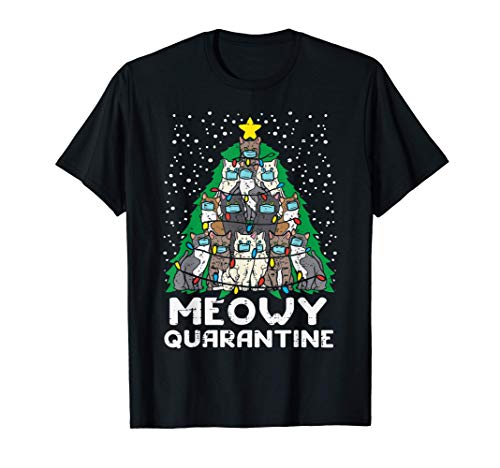 Meowy Quarantine Christmas Tree Cats In Mask Funny Xmas Gift Camiseta