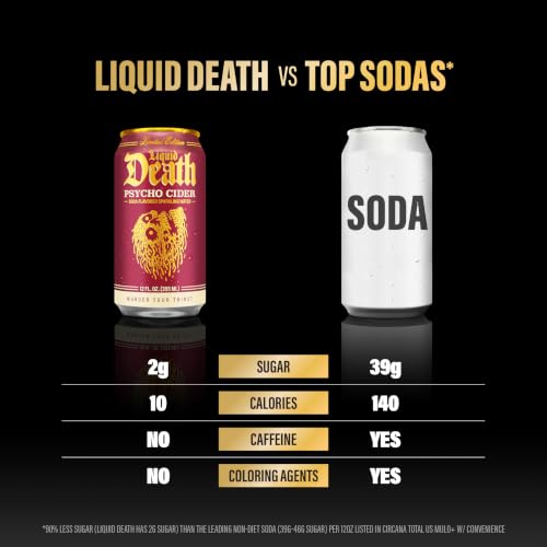 Image of Liquid Death Soda-Flavored Sparkling Water - Psycho Cider (Apple Cinnamon), Less Sugar*, Huge Flavor, No Caffeine, No Artificial Sweeteners, 12 Fl Oz (Pack of 12)