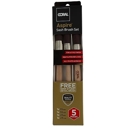 Coral 33719 Aspire 5 Piece Round Sash Paint Brush Set Professional Firm Pointed for Fast Accurate Cutting-in Ultra-Smooth Finish with Trade Emulsion or Gloss FSC Wood 15, 18, 21, 25, 18MM Stubby 2 Coral 33719 Aspire 5 Piece Round Sash Paint Brush Set Professional Firm Pointed for Fast Accurate Cutting-in Ultra-Smooth Finish with Trade Emulsion or Gloss FSC Wood 15, 18, 21, 25, 18MM Stubby - Image 2