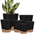 YNNICO Indoor Self Watering Planters with Drainage Holes and Saucers, 8, 7, 6.5, 6, 5.5, 5 Inches, Black, 6 Pots