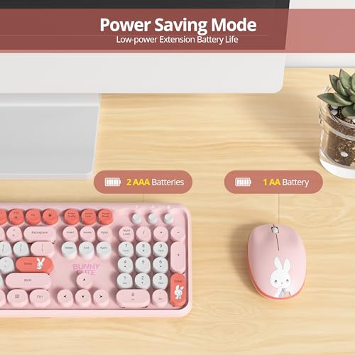 Image of Owpkeenthy Cute Keyboard and Mouse Wireless, Colorful Keyboard Retro Typewriter Style Full-Sized with Number Pad Round Keys for Desktop, Laptop and Computerr (Bunny Pink)