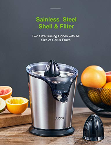 Aicok Electric Orange Juicer Squeezer, Citrus Juicer Electric with Two Interchangeable Cones Suitable for All Size of Citrus Fruits, 100W Ultra Quiet Motor, BPA Free, Brushed Stainless Steel - Thumbnail 2