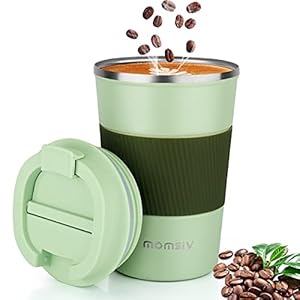 Momsiv Thermosbeker, 380 ml, antislip, roestvrij staal, dubbelwandig, geïsoleerd, vacuüm, lekvrij, reisbeker met deksel, koffie-to-go beker, groen