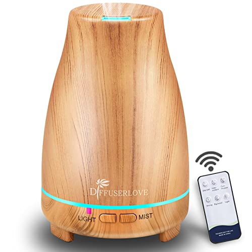 Diffuserlove Essential Oil Diffusers 200ML Diffuser Remote Control Aromatherapy Diffuser with 7 Color Lights, Auto Shut-Off for Bedroom Office Kitchen (Yellow Wood Grain)