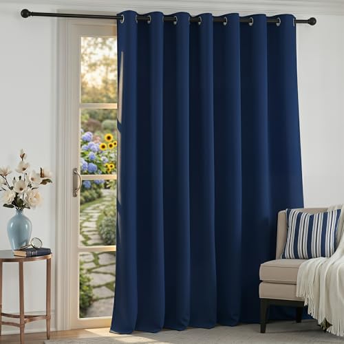Image of RYB HOME Blackout Sliding Door Curtain, Thermal Insulated&Privacy Drape for Patio /Living Room /Bedroom, Extra Wide Room Divider Curtain, Window Treatment, Navy Blue, W100 x L84, 1 Panel