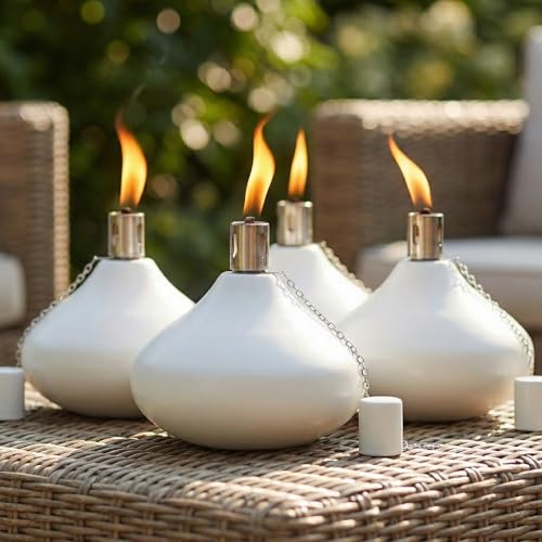 Seraphic 30oz Citronella Torch Candles for Outdoor Patio & Deck – Large Tabletop Stainless Steel Metal Burner Torches for Outside, White (Set of 4)