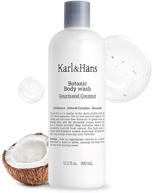 Karl&Häns Botanic Gourmand Coconut Body Wash -Organic,Natural Shower Gel with Flower Extracts, Vanilla&Coconut Oil for Men and Women, Moisturizing, Skin-Friendly, Sulfate and Silicone Free, 13.2 fl oz