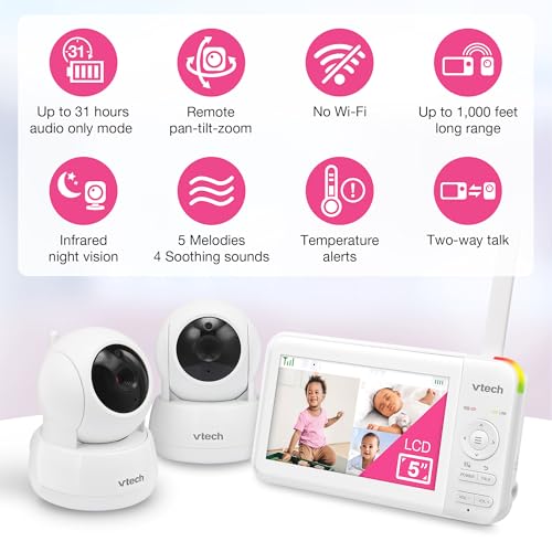 VTech Baby Monitor No WiFi, 2 Cameras – Monitor Two Rooms, Remote Pan-Tilt-Zoom, Hack-Proof, 5" Screen, 17Hr Battery, 1000ft Range, Night Vision, Temperature Sensor | 924-2W - image 2