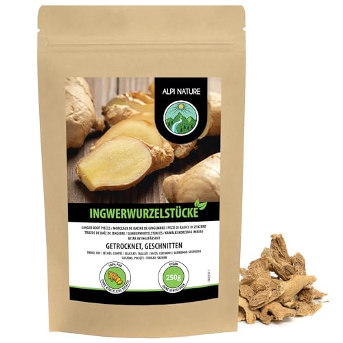 Alpi Nature Ingwerwurzel geschnitten 250g, getrocknete Ingwerwurzelstücke zum Kochen und für Tee, Ingwer Chips