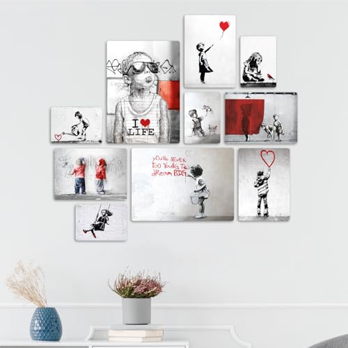 Giallobus - Satz von 10 mehrteiligen Gemälden - Banksy - Sammlung 2 - MDF-Holz - - 2 x 42x29,7cm - 4 x 29,7x21cm - 4 x 21x14,85cm - - Fertig zum Aufhängen – Gemälde