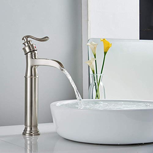 Bathroom Vessel Sink Faucet Tall Brushed Nickel Satin Single Hole Lavatory Waterfall One Handle With Pop Up Drain Without Overflow Restroom Bowl Mixer Tap Supply Line Lead-Free #TOP6